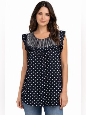 LOFT Navy Polka Dot Blouse Ruffle Sleeve Sleeveless Top Lightweight Casual